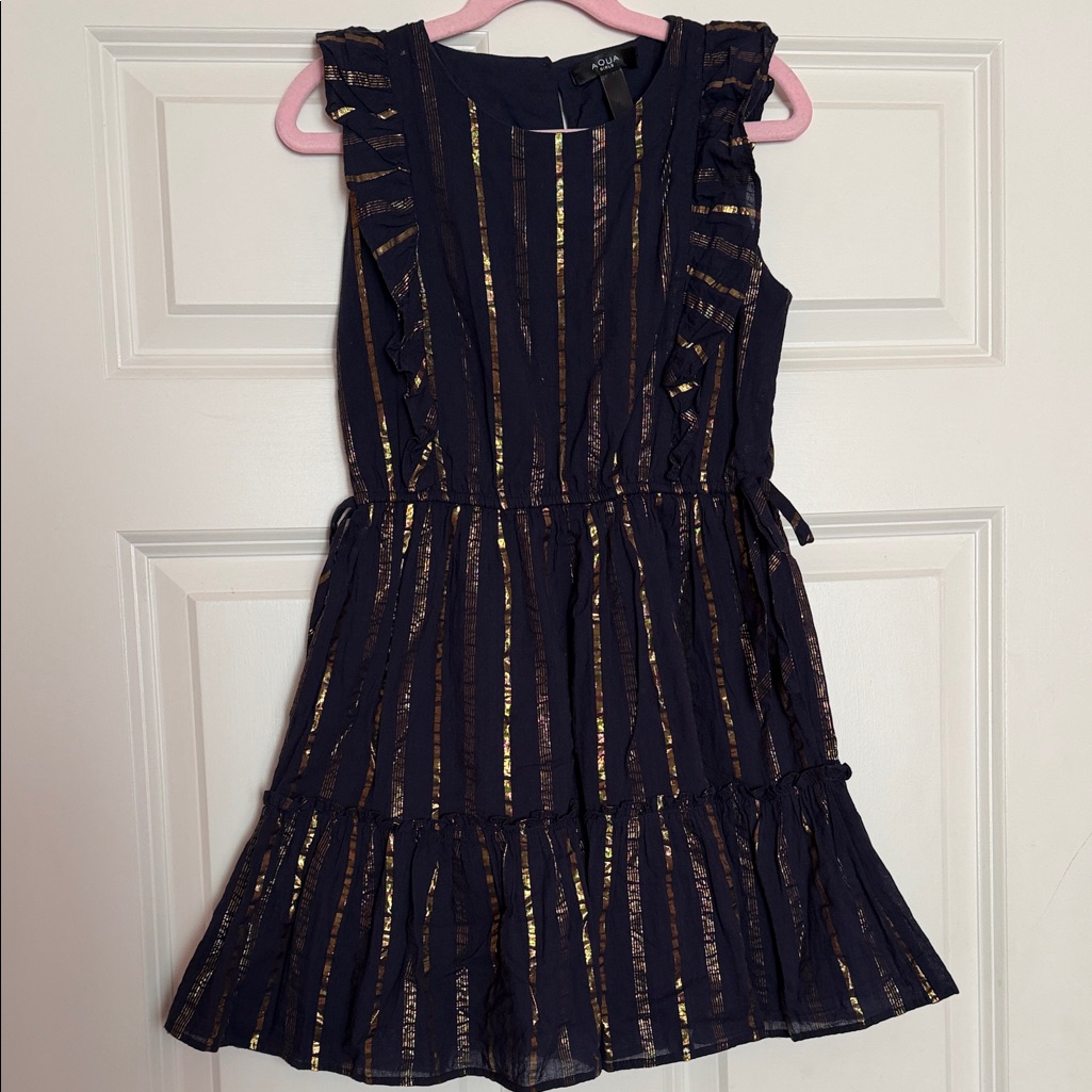 Aqua Girls Dress In Navy Blue With Gold Metalic Stripes